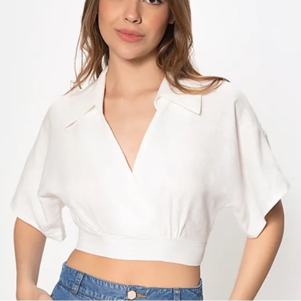 Cropped Linen, V-Neck Collared Blouse